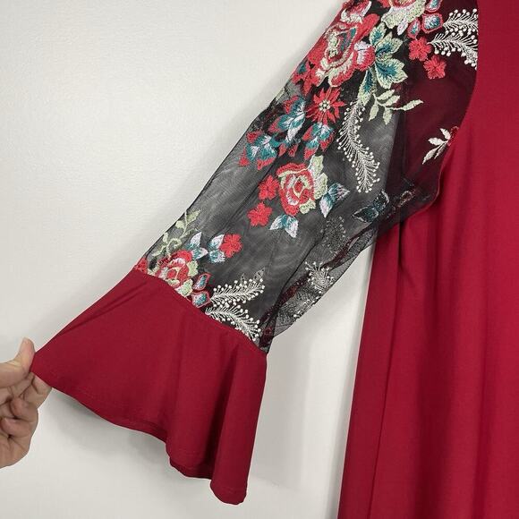 Ali Miles Tunic Top Size Large Red Embroidered Sheer Sleeve Boho Party Career - Picture 4 of 8